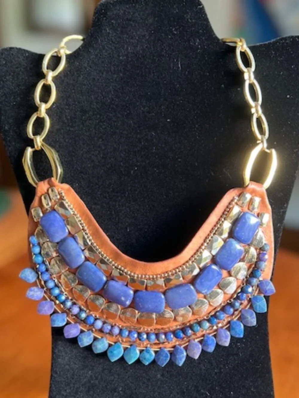 Stella & Dot Retired Indira Cobalt Gold & Leather Statement Necklace